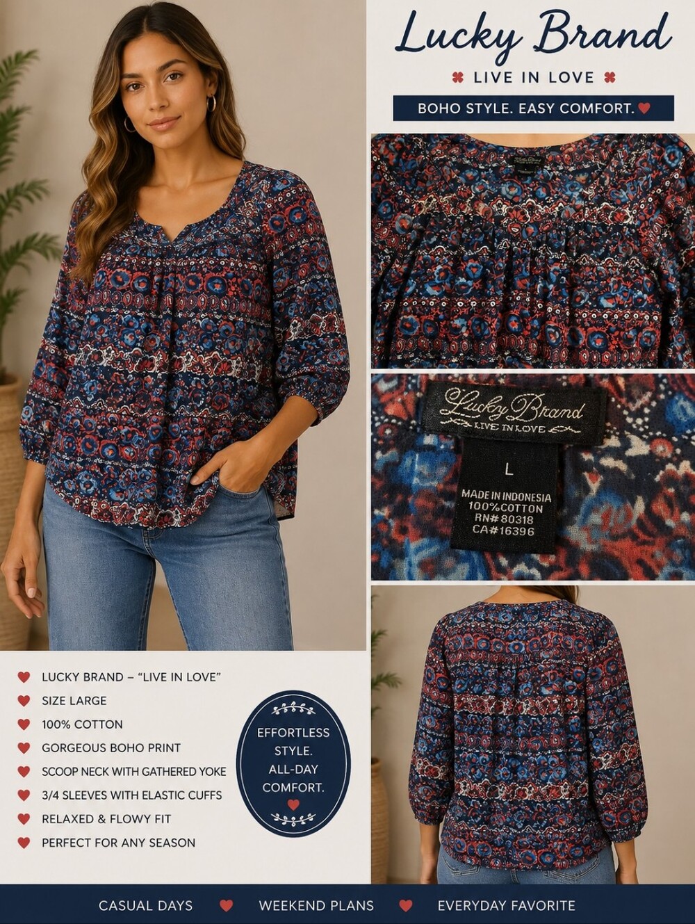 Size L - Lucky Brand Navy and Red Boho Scoop-Neck Blouse